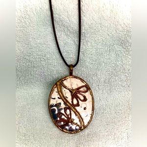 Silver & Copper oval Pendant on Leather Necklace